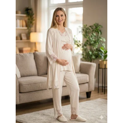 Bone 6216 Kadın 3lü Viskon Sabahlıklı Lohusa Pijama Takımı
