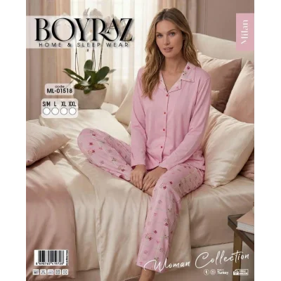 Boyraz ML-01518 Kadın Uzun Kol Boydan Düğmeli Pijama Takımı