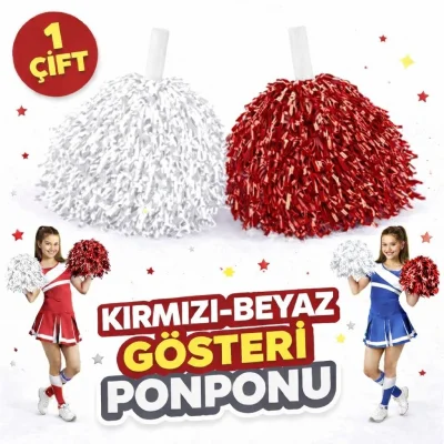 BUĞZ 1 Çift ( 2 Adet ) Kırmızı-Beyaz Renk 23 Nisan 19 Mayıs 29 Ekim Okul Gösteri Ponponları Ekstra Dolgun