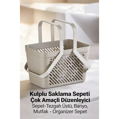 BUĞZ 1li Gri Çok Amaçlı Kulplu Sepet Mutfak Banyo Organizer Taşıma Sepeti
