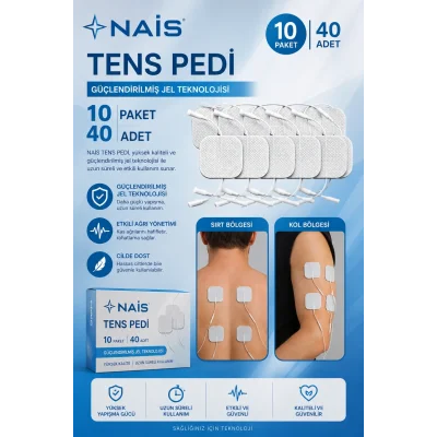 BUĞZ 10 Paket, 40 Adet Nais Gold Tens Elektrod Pedi 5x5 Cm Extra Güçlendirilmiş Yapışkanlı Kumaş, Tens Pedi Elektrot – Cilt Dostu Jel – Yüksek İletkenlik – Tens Cihazları İle Uyumlu