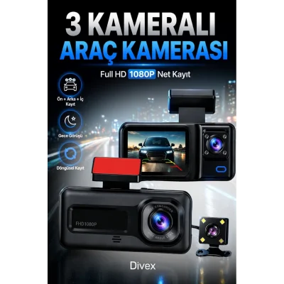 BUĞZ 1080p HD 3 Kameralı Araç Kamerası Ön Arka İç Kayıt ve Park Destekli Gece Görüşlü