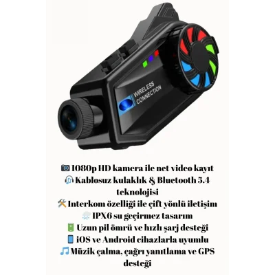 BUĞZ 1080P Video Kayıt Özellikli, Su Geçirmez ve Bluetooth 5.4 Motorcu Interkom Kulaklığı