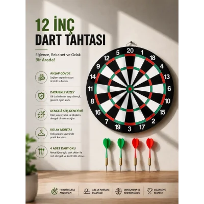 BUĞZ 12 İnç Ahşap Dart Tahtası 4 Adet Metal Uçlu Dart Oku Dahil
