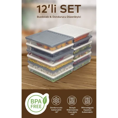  12li Renkli Buzdolabı Düzenleyici Buzluk Ve Mikrodalga Saklama Kabı 12X2400 ML