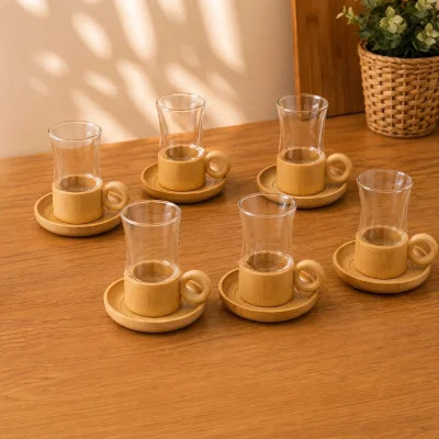 BUĞZ 12 Parça Çay Seti - Bambu Bardak Altığı - Çift Cidarlı Cam - 150 ml