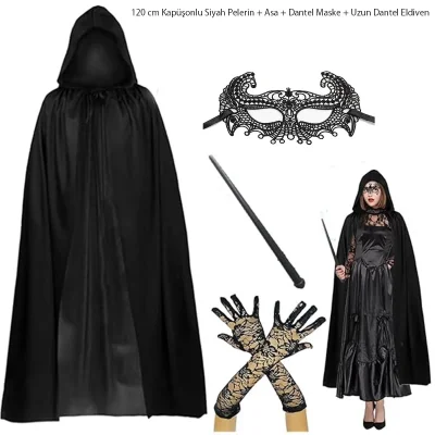 BUĞZ 120 Cm Kapüşonlu Siyah Pelerin + Asa + Dantel Maske + Uzun Dantel Siyah Eldiven Kostüm Seti