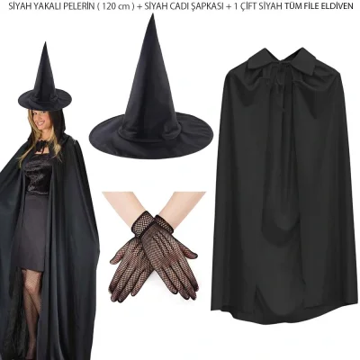 BUĞZ 120 cm Siyah Yakalı Cadı Pelerini Cadı Şapkası ve 1 Çift Siyah Kısa File Tüm Eldiven Seti 3 Parça