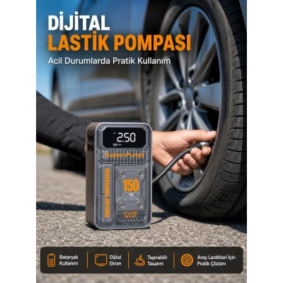 BUĞZ 150 PSI Kablosuz Dijital Ekranlı Taşınabilir Araç Lastik Pompası