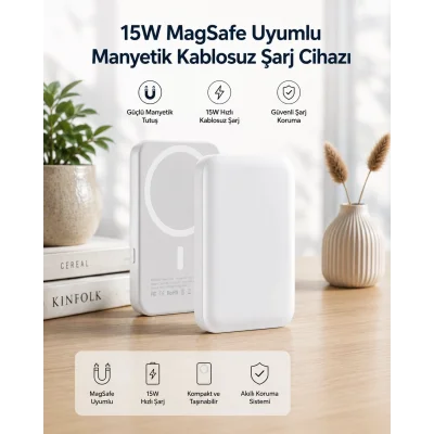 BUĞZ 15W MagSafe Uyumlu Manyetik Kablosuz Powerbank 5000 mAh