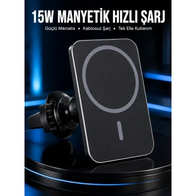 BUĞZ 15W Manyetik Araç İçi Kablosuz Şarj Cihazı  MagSafe Uyumlu Telefon Tutucu
