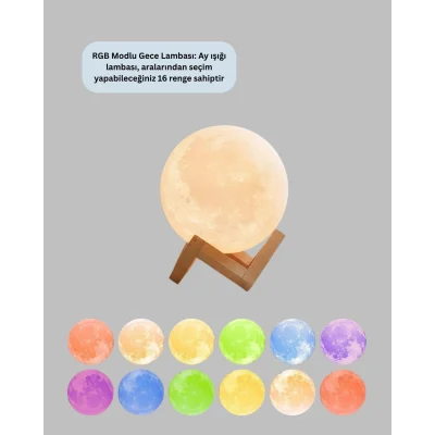 BUĞZ 16 Renkli 3D Baskılı Ay Lambası Ahşap Standlı - BUĞZ