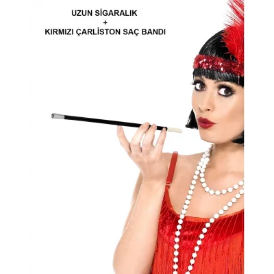 BUĞZ 192039ler 199039lar Gatsby Kadın Aksesuar Seti – Kırmızı Charleston Saç Bandı Ve Lık