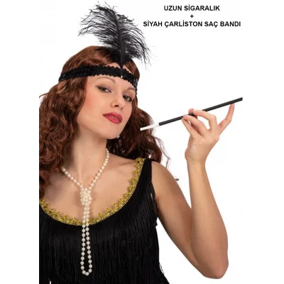 BUĞZ 192039ler Gatsby Aksesuar Seti – Siyah Charleston Saç Bandı  Lık
