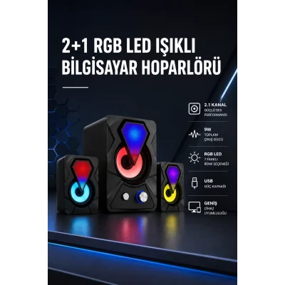 BUĞZ 2+1 RGB LED Işıklı Güçlü Bas Sistemli Bilgisayar Hoparlörü