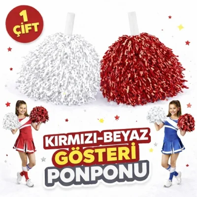 BUĞZ 2 Adet Kırmızı - Beyaz Renk Okul Gösteri Ponponları Ekstra Dolgun