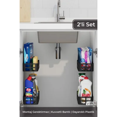  2li Yapışkanlı Evye Altı ve Dolap İçi Düzenleyici Organizer Raf Seti