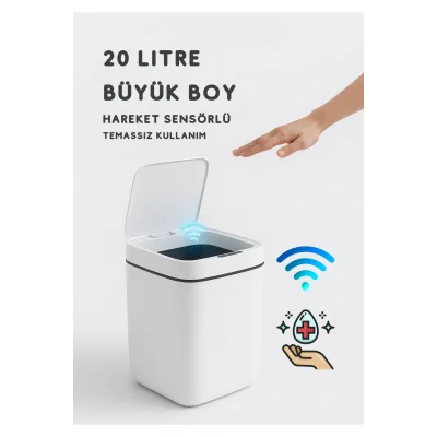 BUĞZ 20L Akıllı Sensörlü Çöp Kovası UV Işık Koku Geçirmez Mutfak Banyo Ofis İçin
