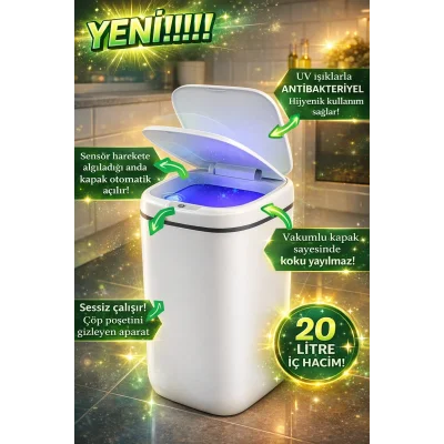 BUĞZ 20L Akıllı Sensörlü Çöp Kovası UV Işık Koku Geçirmez Mutfak Banyo Wc Ofis