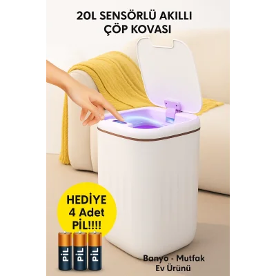  20L Sensörlü Akıllı Antibakteriyel Çöp Kovası Otomatik Kapaklı, Banyo Mutfak 4 Pil Yanında