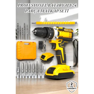 BUĞZ 24 Parça Çift Bataryalı Şarjlı Matkap Seti 24W Motor ve Otomatik Mil Kilitli Tasarım