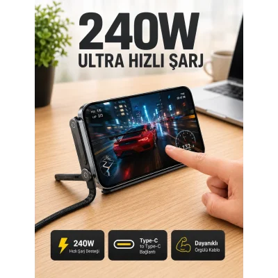 BUĞZ 240W Type-C Telefon Standlı Örgülü Şarj ve Data Kablosu