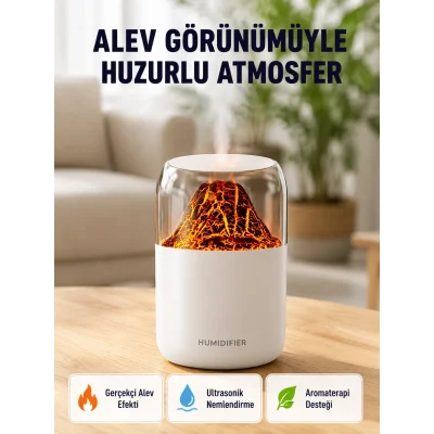 BUĞZ 280ml Alev Işıklı Ultrasonik Hava Nemlendirici Sessiz ve USB Şarjlı