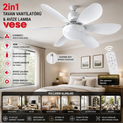 BUĞZ 2in1=tavan Vantilatör - Avize Lamba 40w Kumandalı 6knat Vnt-005 Bx40