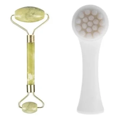  2li Set Çift Taraflı Cilt Temizleme Fırçası ve Yeşim Taşı Çift Taraflı Cilt Masaj Aleti