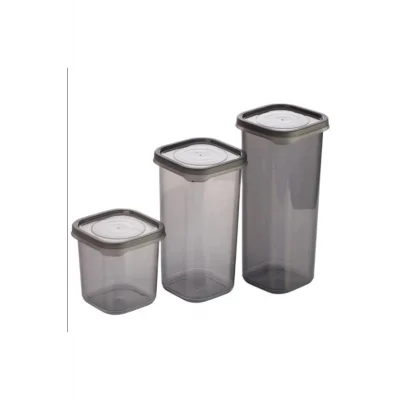 BUĞZ 3 Adet 3 Boy Plastik Kavanoz Saklama Kabı Kapaklı Kare Model