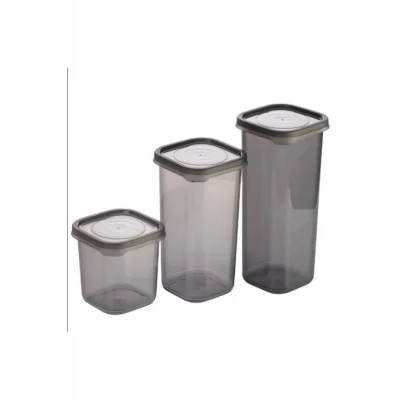 BUĞZ 3 Adet 3 Boy Siyah Saydam Plastik Kavanoz Saklama Kabı Kapaklı Kare Model