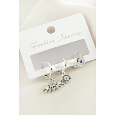  3 Adet Göz Nazar Zirkon Taşlı Küpe