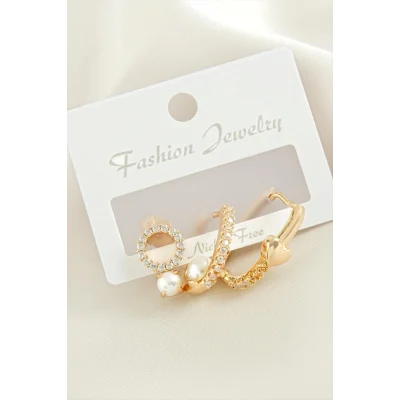  3 Adet Kalp İnci Zirkon Taşlı Küpe