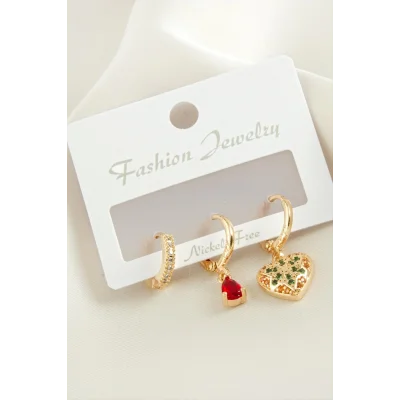  3 Adet Kalp Zirkon Taşlı Küpe