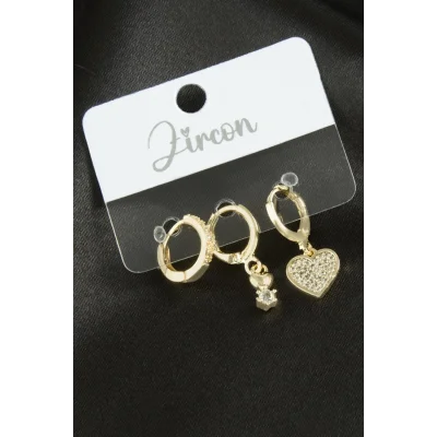  3 Adet Kalp Zirkon Taşlı Küpe