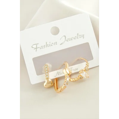  3 Adet Kalp Zirkon Taşlı Küpe