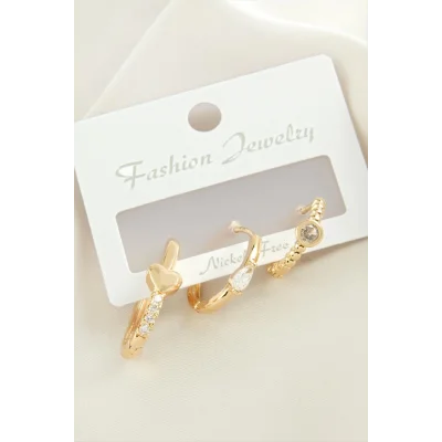  3 Adet Kalp Zirkon Taşlı Küpe