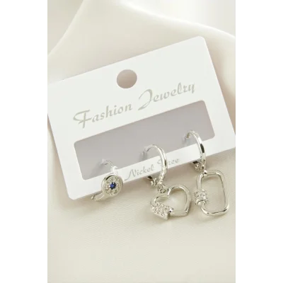  3 Adet Kalp Zirkon Taşlı Küpe