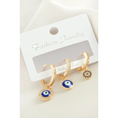  3 Adet Nazar Zirkon Taşlı Küpe