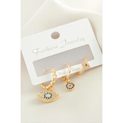  3 Adet Oval Nazar Zirkon Taşlı Küpe