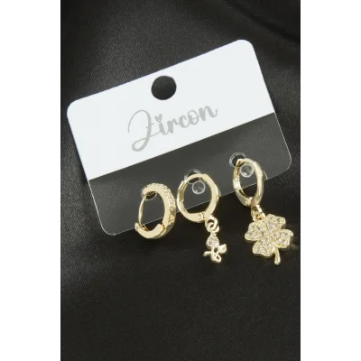  3 Adet Yonca Zirkon Taşlı Küpe