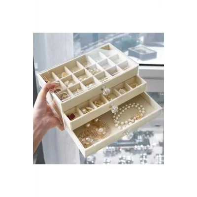  3 Çekmeceli Bölmeli Şeffaf Kadife Mücevher Takı Kutusu Küpe Yüzük Kolye Düzenleyici Organizer