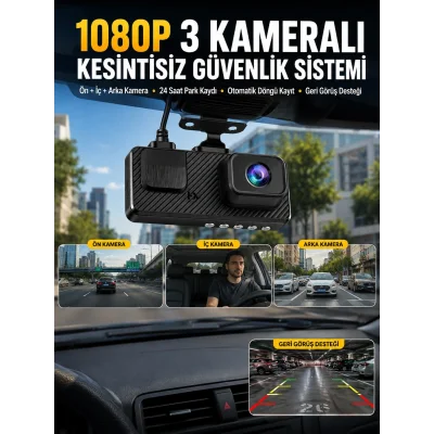 BUĞZ 3 Kameralı Araç İçi DVR Kayıt Cihazı  Ön İç Arka Kamera Full HD