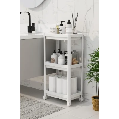  3 Katlı Banyo Raf Ünitesi (PEGGY) Beyaz Banyo Düzenleyici Şampuanlık Havluluk Dolap(BEYAZ)