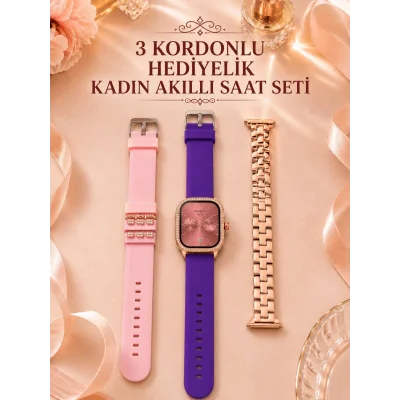 BUĞZ 3 Kordonlu Rose Gold Kasalı Kadın Akıllı Saat Seti