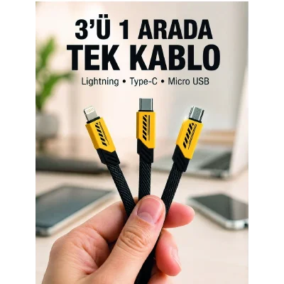 BUĞZ 3lü Şarj Kablosu Hızlı Şarj Destekli Dayanıklı Örgü USB Kablo