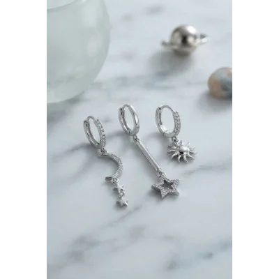 BUĞZ 3 lü Set Ay Yıldız ve Güneş Model Gümüş Renk Kadın Küpe