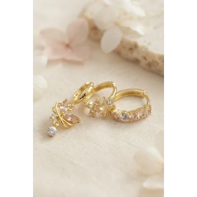 BUĞZ 3 lü Set Gold Renk Zirkon Taşlı Kelebek Model Küpe