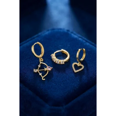 BUĞZ 3 lü Set Küpe Gold Renk Eros Yay Detaylı