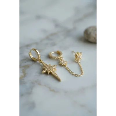BUĞZ 3 lü Set Küpe Gold Renk Zincir Detaylı